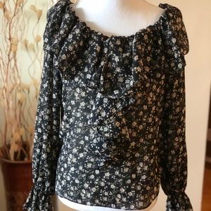 Moda Int'L Women's Black Floral Blouse XS EUC